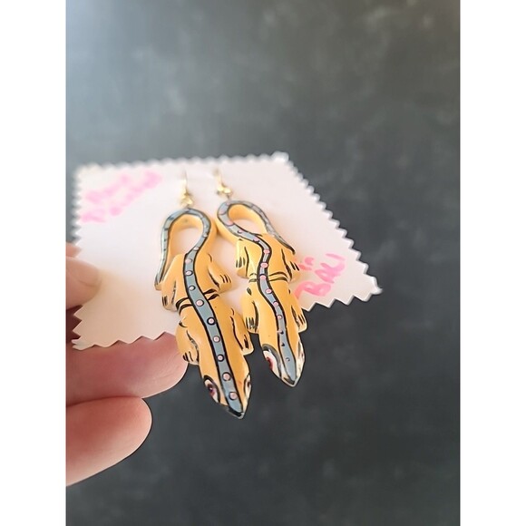 Painted Wooden Dangling Salamander Earrings Vintage Costume Jewelry NOS - Picture 2 of 10